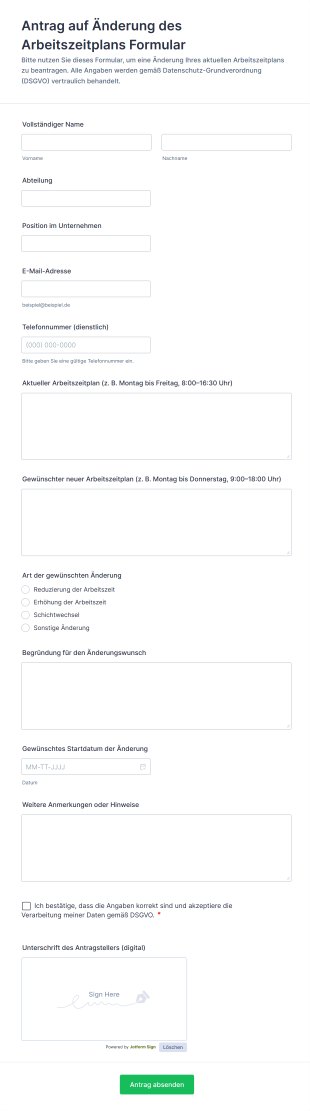 Antrag Auf Änderung Des Arbeitszeitplans Formular