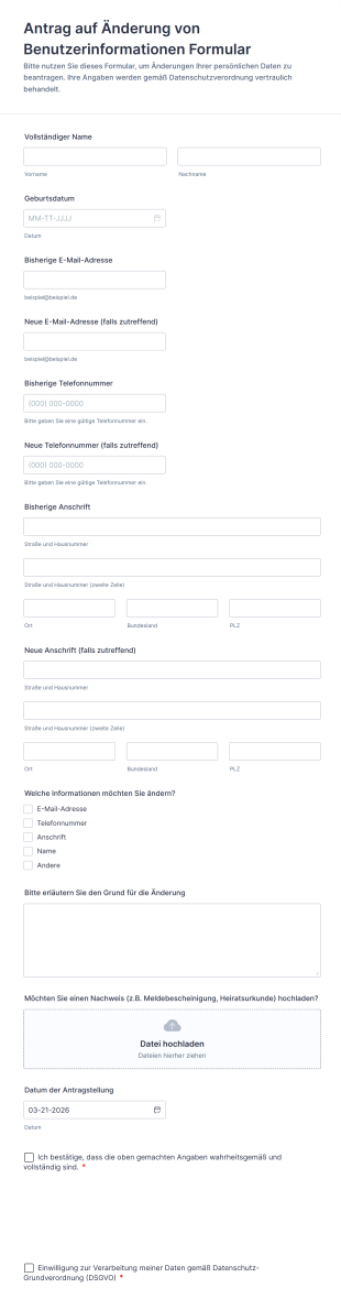 Antrag Auf Änderung Von Benutzerinformationen Formular