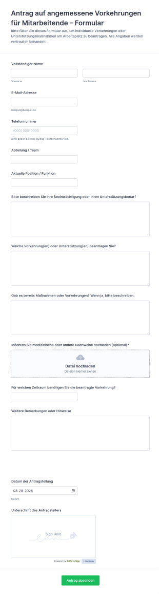 Antrag Auf Angemessene Vorkehrungen Für Mitarbeitende – Formular