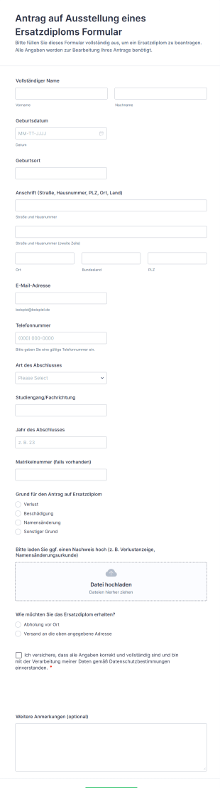 Antrag Auf Ausstellung Eines Ersatzdiploms Formular
