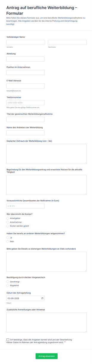 Antrag Auf Berufliche Weiterbildung – Formular