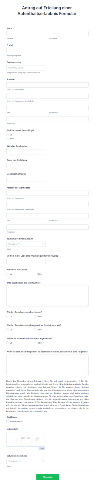 Antrag Auf Erteilung Einer Aufenthaltserlaubnis Formular