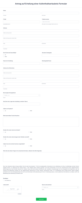 Antrag Auf Erteilung Einer Aufenthaltserlaubnis Formular Form Template