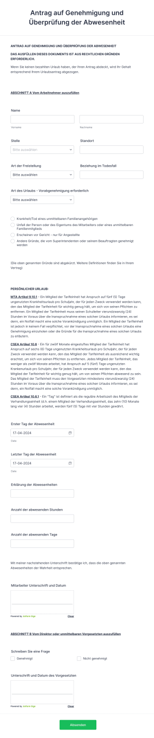 Antrag Auf Genehmigung Und Überprüfung Der Abwesenheit Form Template