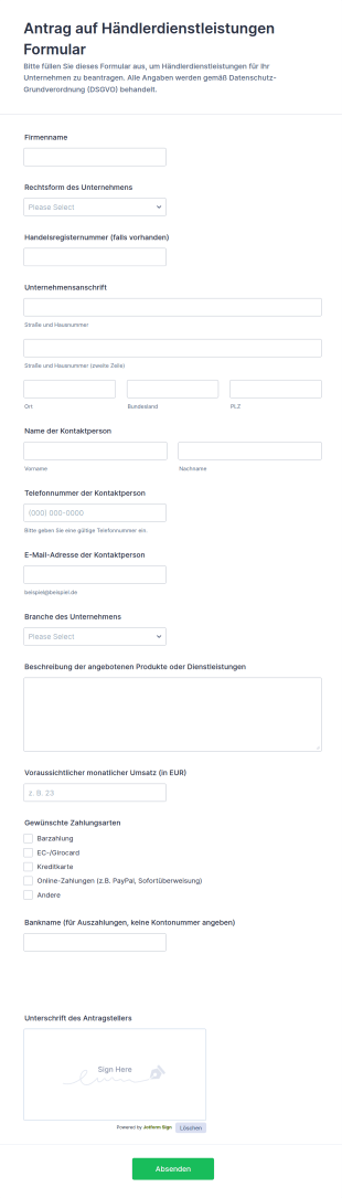 Antrag Auf Händlerdienstleistungen Formular