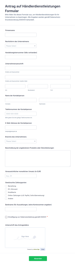 Antrag Auf Händlerdienstleistungen Formular