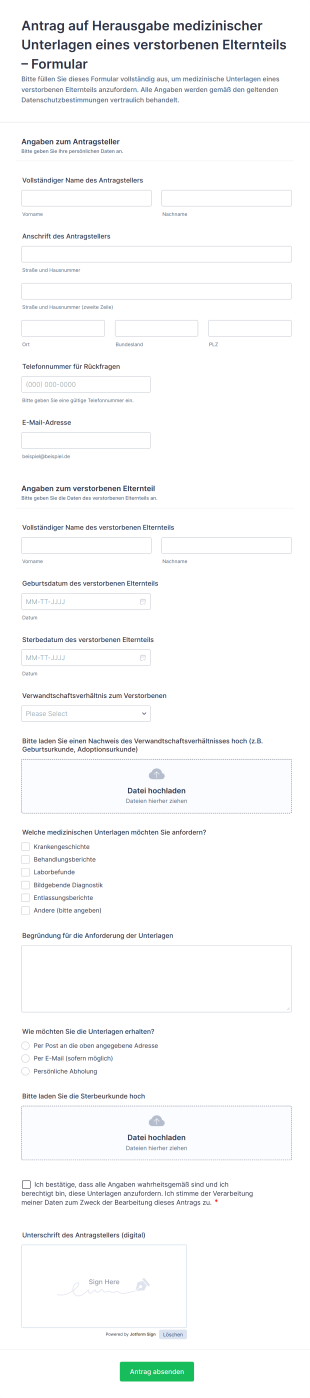 Antrag Auf Herausgabe Medizinischer Unterlagen Eines Verstorbenen Elternteils – Formular