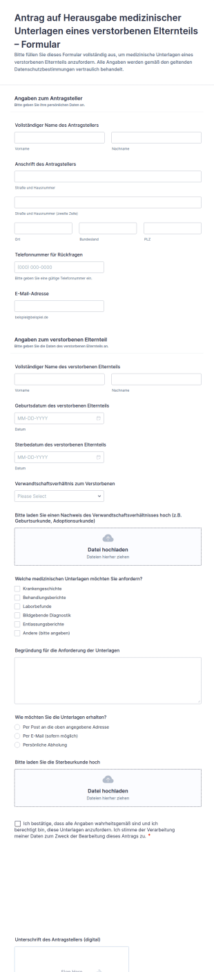 Antrag Auf Herausgabe Medizinischer Unterlagen Eines Verstorbenen Elternteils – Formular