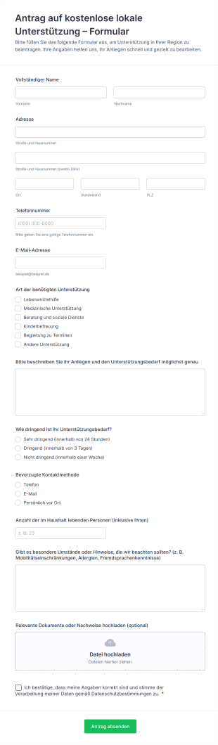 Antrag Auf Kostenlose Lokale Unterstützung – Formular