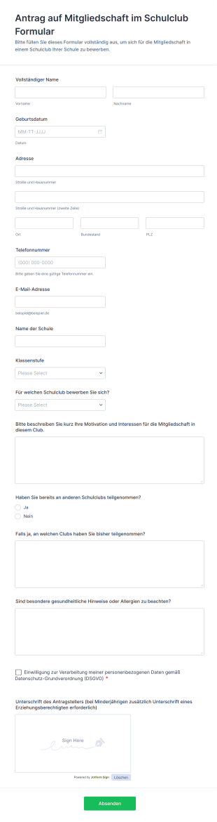Antrag Auf Mitgliedschaft Im Schulclub Formular