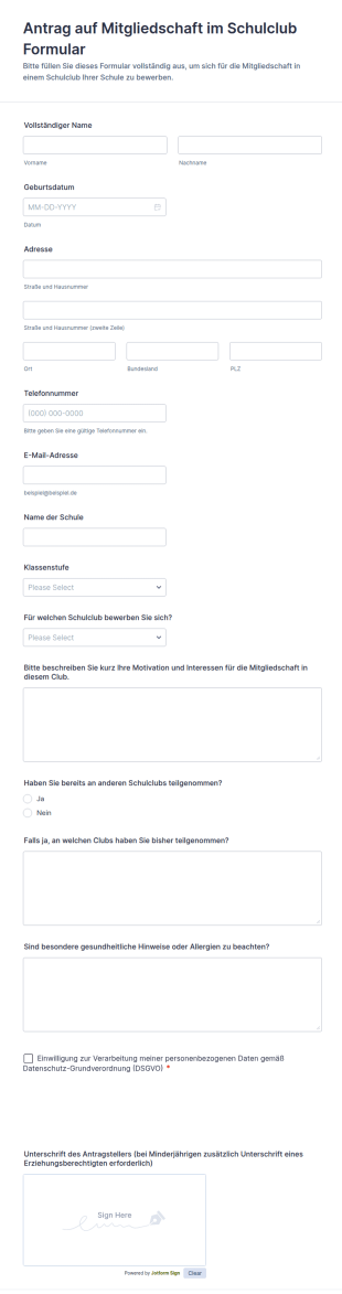Antrag Auf Mitgliedschaft Im Schulclub Formular