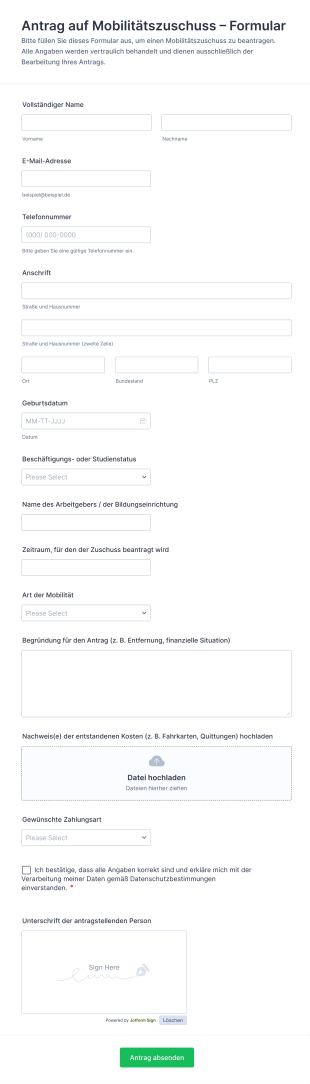 Antrag Auf Mobilitätszuschuss – Formular