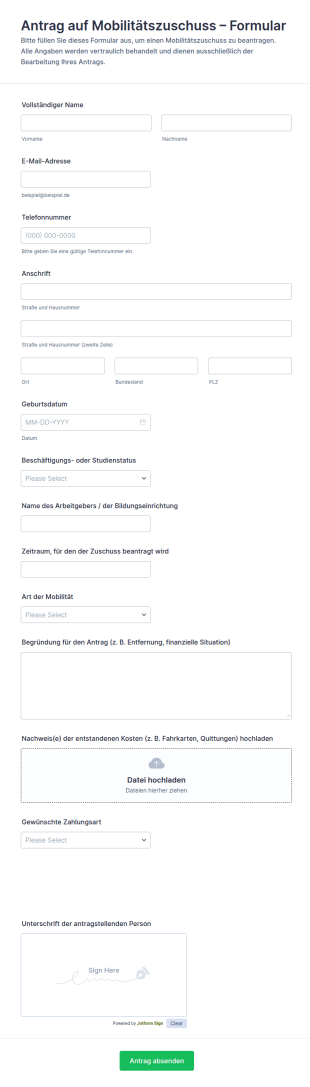 Antrag Auf Mobilitätszuschuss – Formular