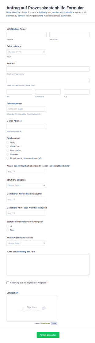 Antrag Auf Prozesskostenhilfe Formular