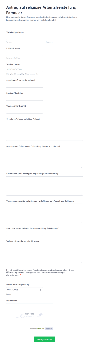 Antrag Auf Religiöse Arbeitsfreistellung Formular