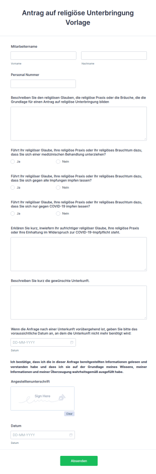 Antrag Auf Religiöse Unterbringung Vorlage