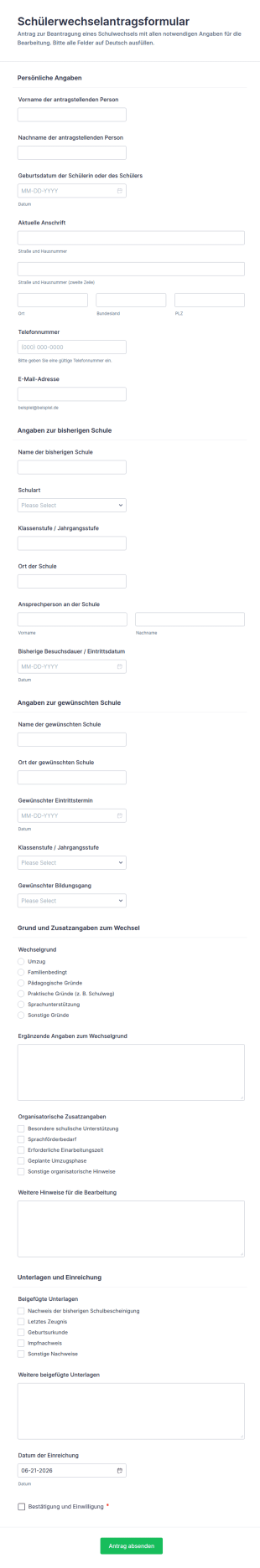 Antrag Auf Schülerwechsel Form