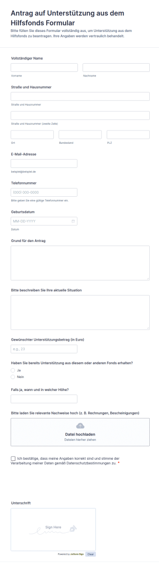 Antrag Auf Unterstützung Aus Dem Hilfsfonds Formular