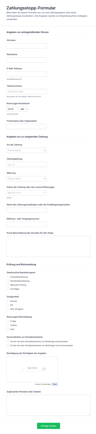 Zahlungsstopp Formular