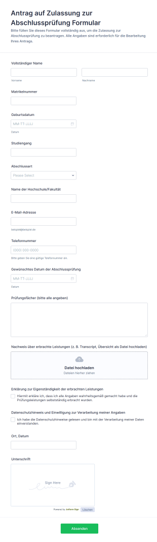 Antrag Auf Zulassung Zur Abschlussprüfung Formular