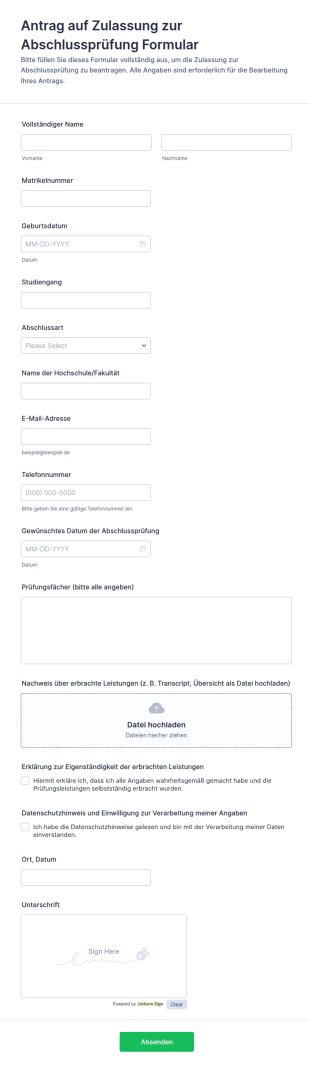Antrag Auf Zulassung Zur Abschlussprüfung Formular