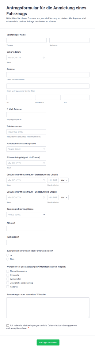 Antragsformular Für Die Anmietung Eines Fahrzeugs