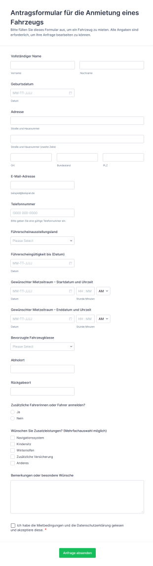 Antragsformular Für Die Anmietung Eines Fahrzeugs
