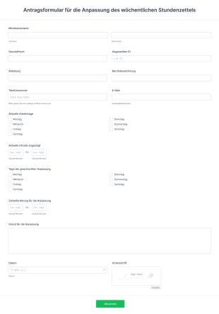 Antragsformular Für Die Anpassung Des Wöchentlichen Stundenzettels Form Template