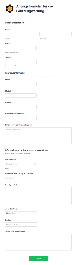 Antragsformular Für Die Fahrzeugwartung