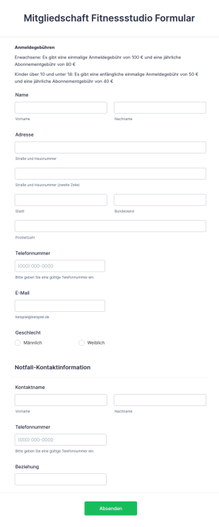 Mitgliedschaft Fitnessstudio Formular