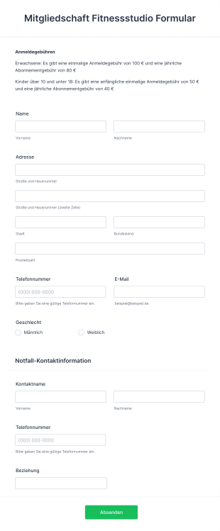 Mitgliedschaft Fitnessstudio Formular Form Template