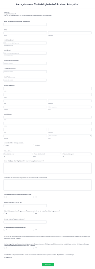 Antragsformular Für Die Mitgliedschaft In Einem Rotary Club Form Template