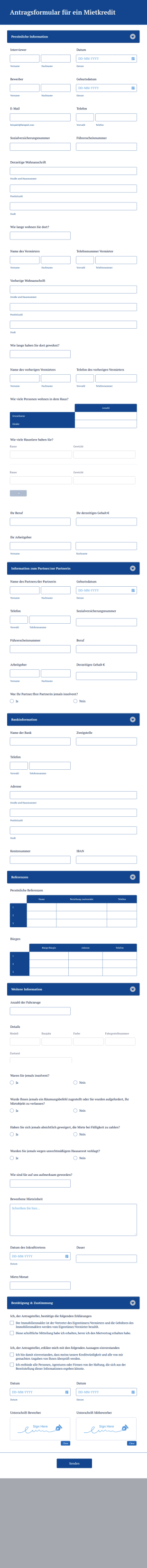 Antragsformular Für Ein Mietkredit
