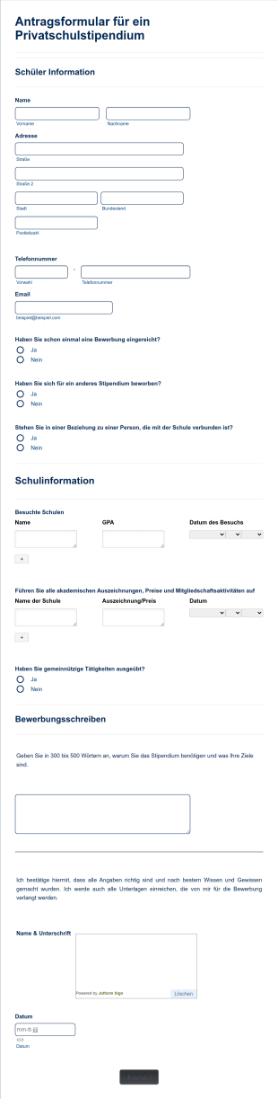Antragsformular Für Ein Privatschulstipendium Form Template