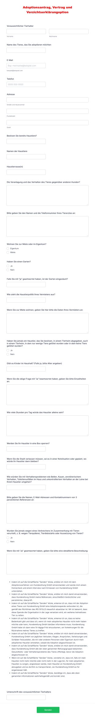 Antragsformular Für Eine Tieradoption Form Template
