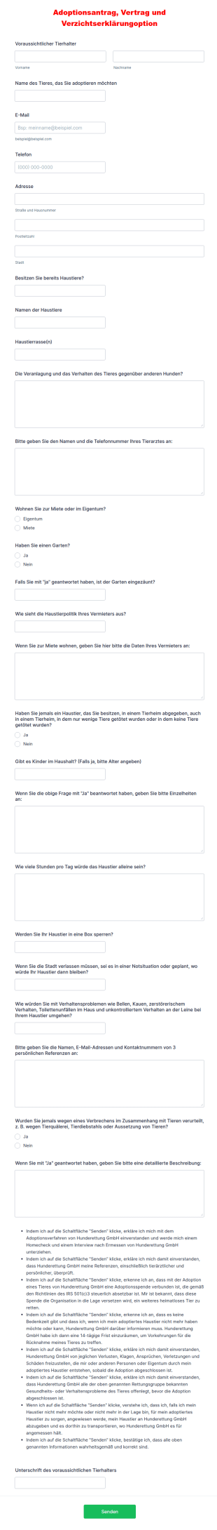 Antragsformular Für Eine Tieradoption