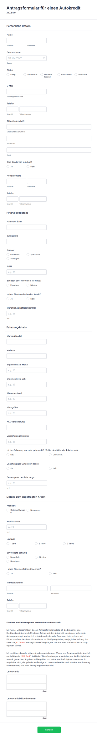 Antragsformular Für Einen Autokredit