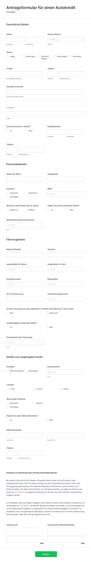 Antragsformular Für Einen Autokredit