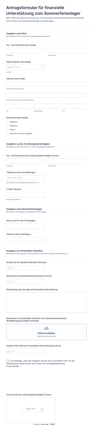 Antragsformular Für Finanzielle Unterstützung Zum Sommerferienlager