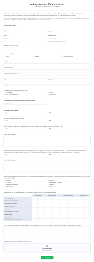 Antragsformular Für Mechaniker Form Template