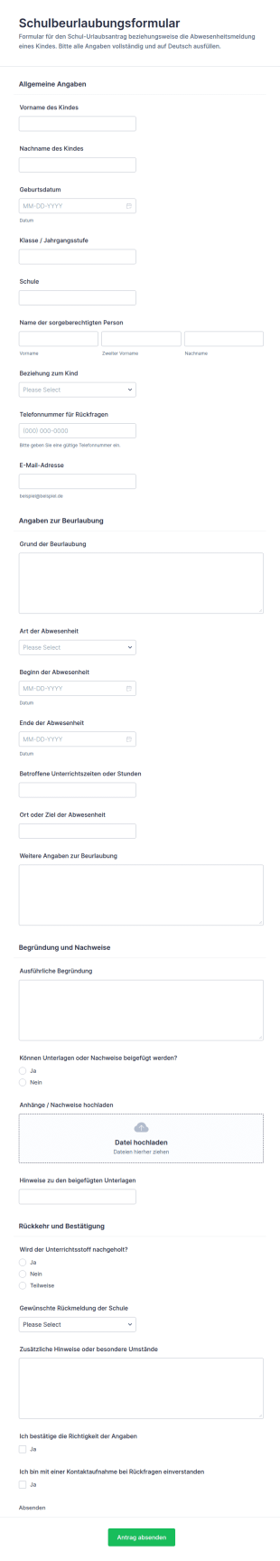 Antragsformular Für Schulbeurlaubung