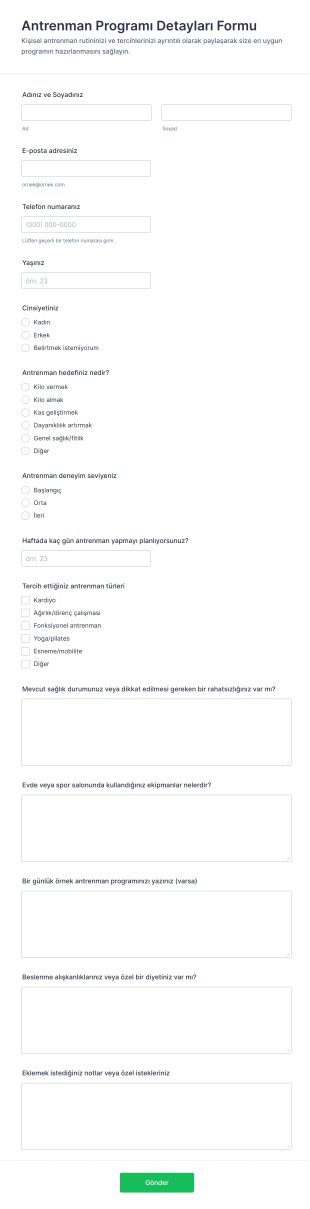 Antrenman Programı Detayları Form Şablonu