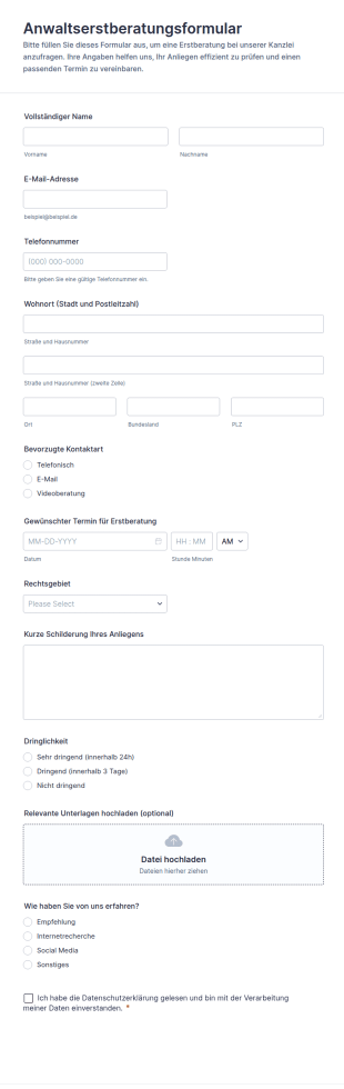 Anwaltliche Beratung Formular