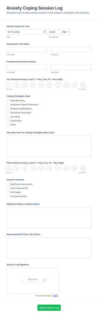Anxiety Coping Session Log Form Template