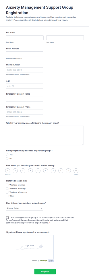 Anxiety Management Support Group Registration Form Template