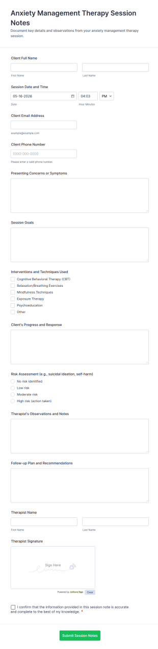 Anxiety Management Therapy Session Notes Form Template