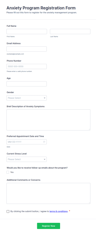 Anxiety Program Registration Form Template
