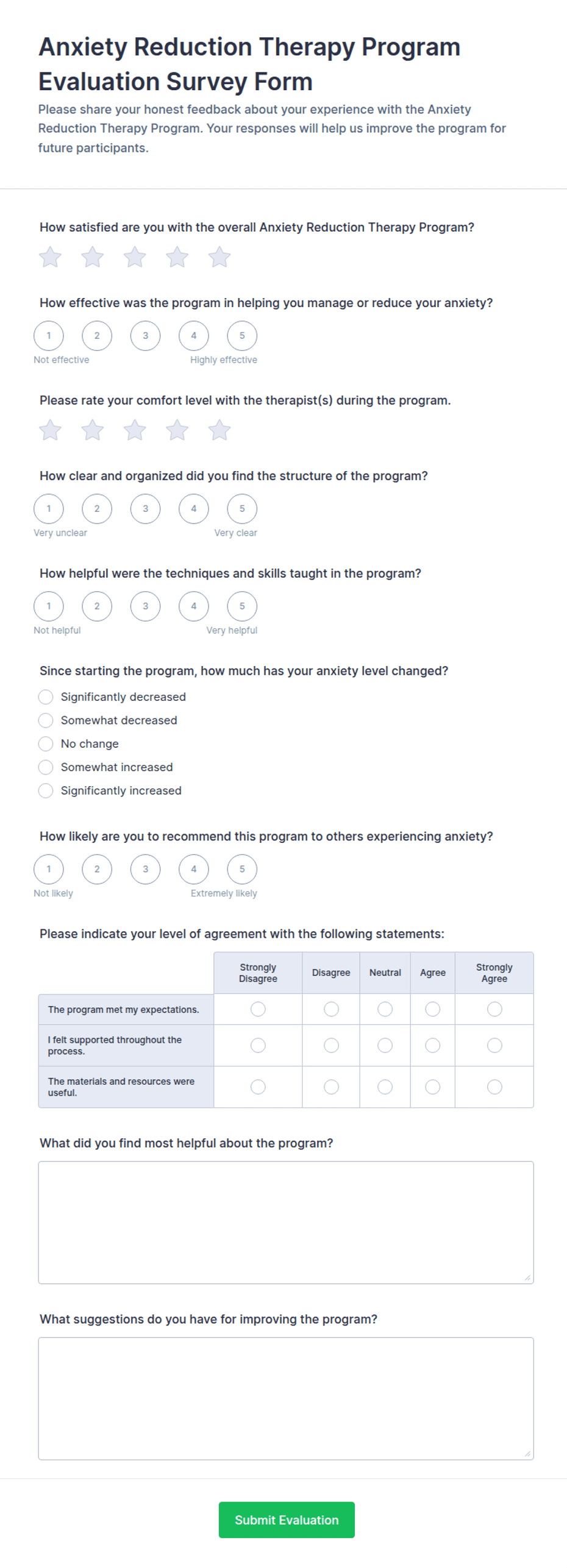 Anxiety Reduction Therapy Program Evaluation Survey Form Template | Jotform