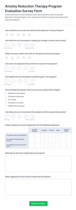Anxiety Reduction Therapy Program Evaluation Survey Form Template