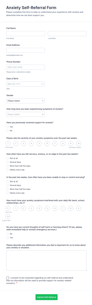 Anxiety Self Referral Form Template